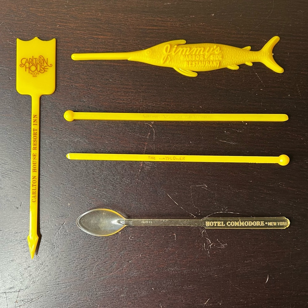 Vintage MCM bright yellow Cocktail Stirers, Barware, Carlton House Resort Inn